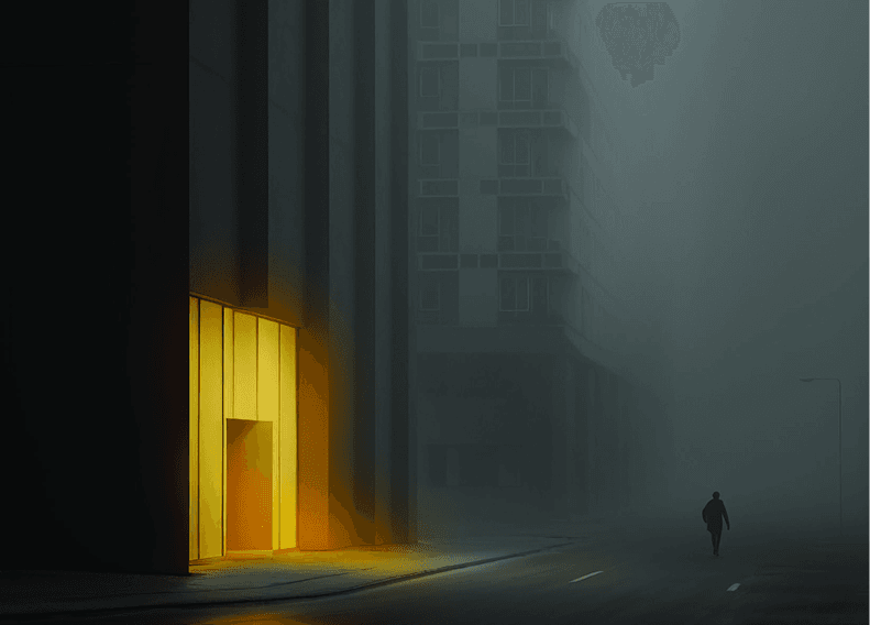 Atmospheric urban nightscape with golden light emanating from doorways